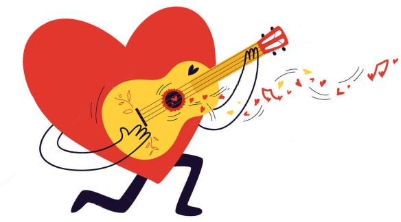 Сartoon heart plays the guitar. Сharacter in the shape of a red heart sings a serenade. Small hearts and notes fly out of the yellow painted guitar. Valentine's Day concept. Vector stock illustration.